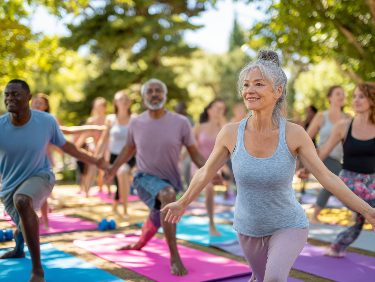 Antrenor ajutând o persoană în vârstă și un tânăr în sala de sport